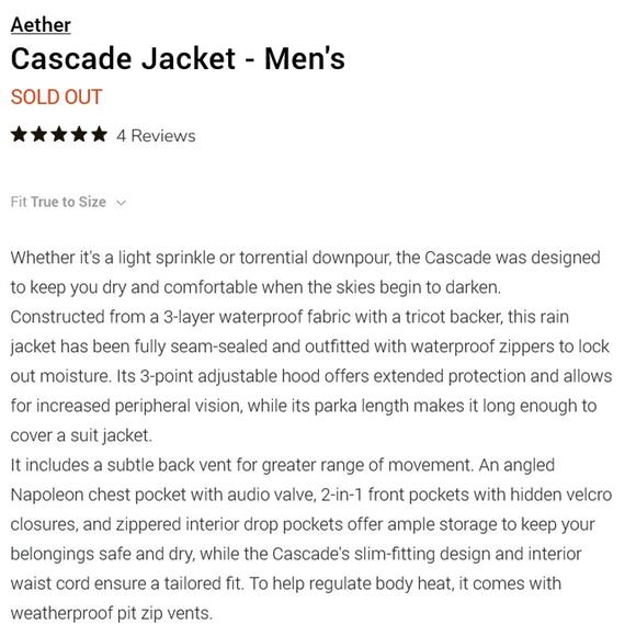 Aether Apparel | NEW Mens Cascade Jacket in Total Eclipse Size 3 Gorpcore Hiking - Picture 8 of 9